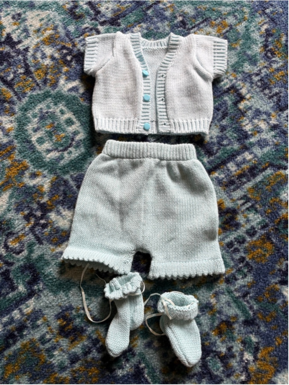 Baby Blue Knit Baby Set - Cardigan, Shorts, and Booties